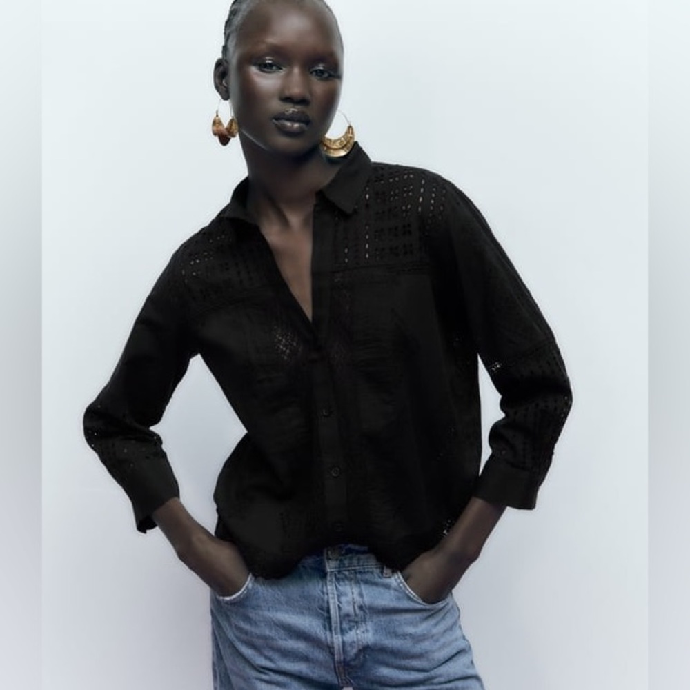 Zara Button Front Black Eyelet Shirt